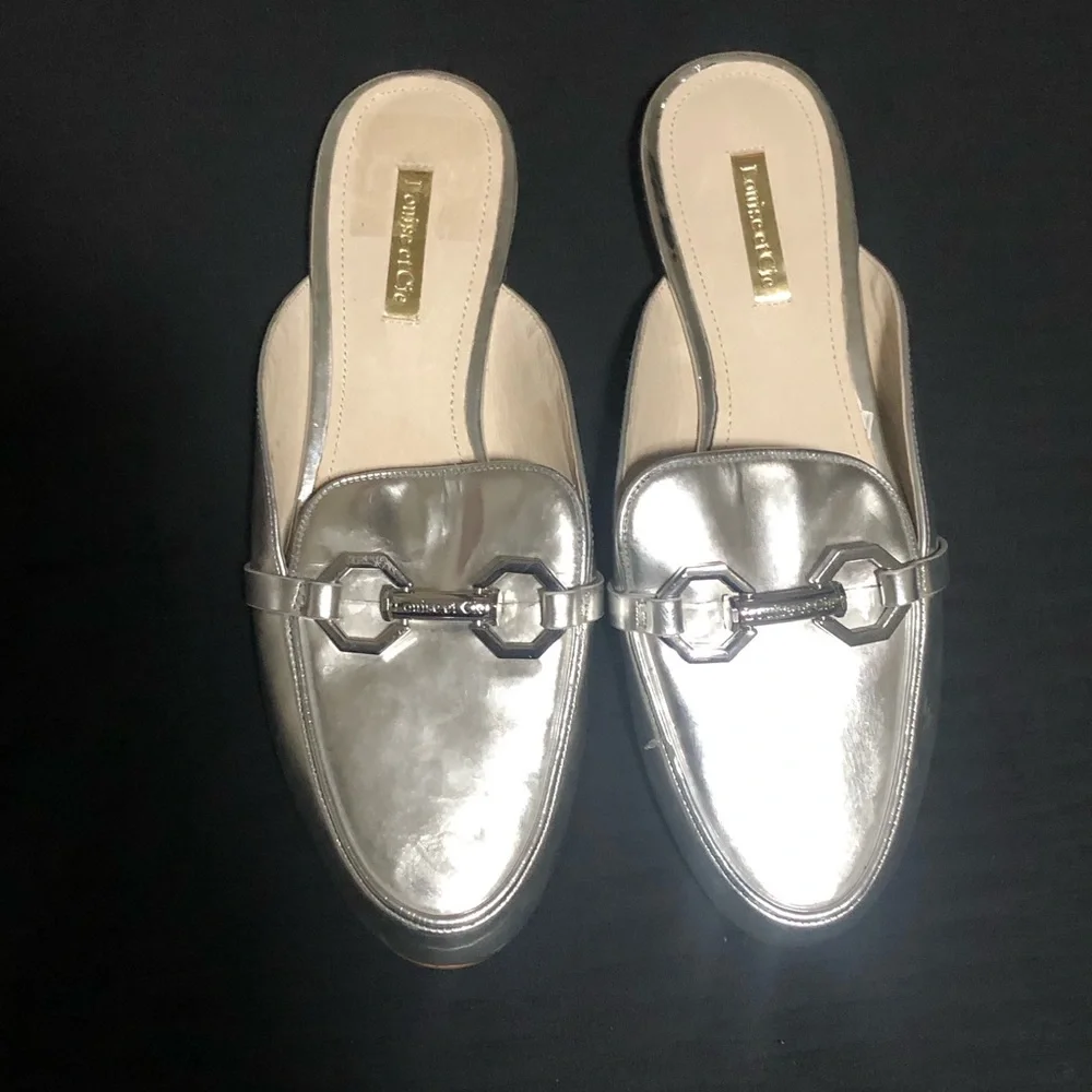 Louise et Cie Women’s Silver Metallic Slip-On Loafer Mules, Size 7.5, Leather